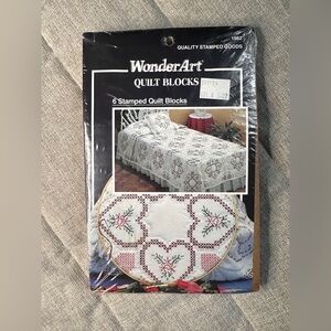 VTG WonderArt 6 Stamped Quilt Blocks Kit 17"x 17" Sweetheart Cross Stitch NOS